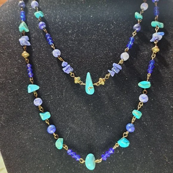 Handmade turquoise sodalite and glass tiered necklace 19" - Picture 2 of 5